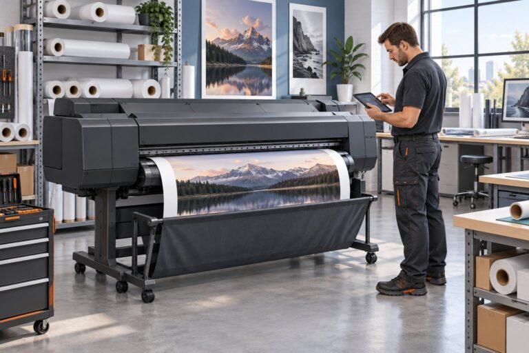 Illustration of a technician reviewing a large-format printer in a professional studio