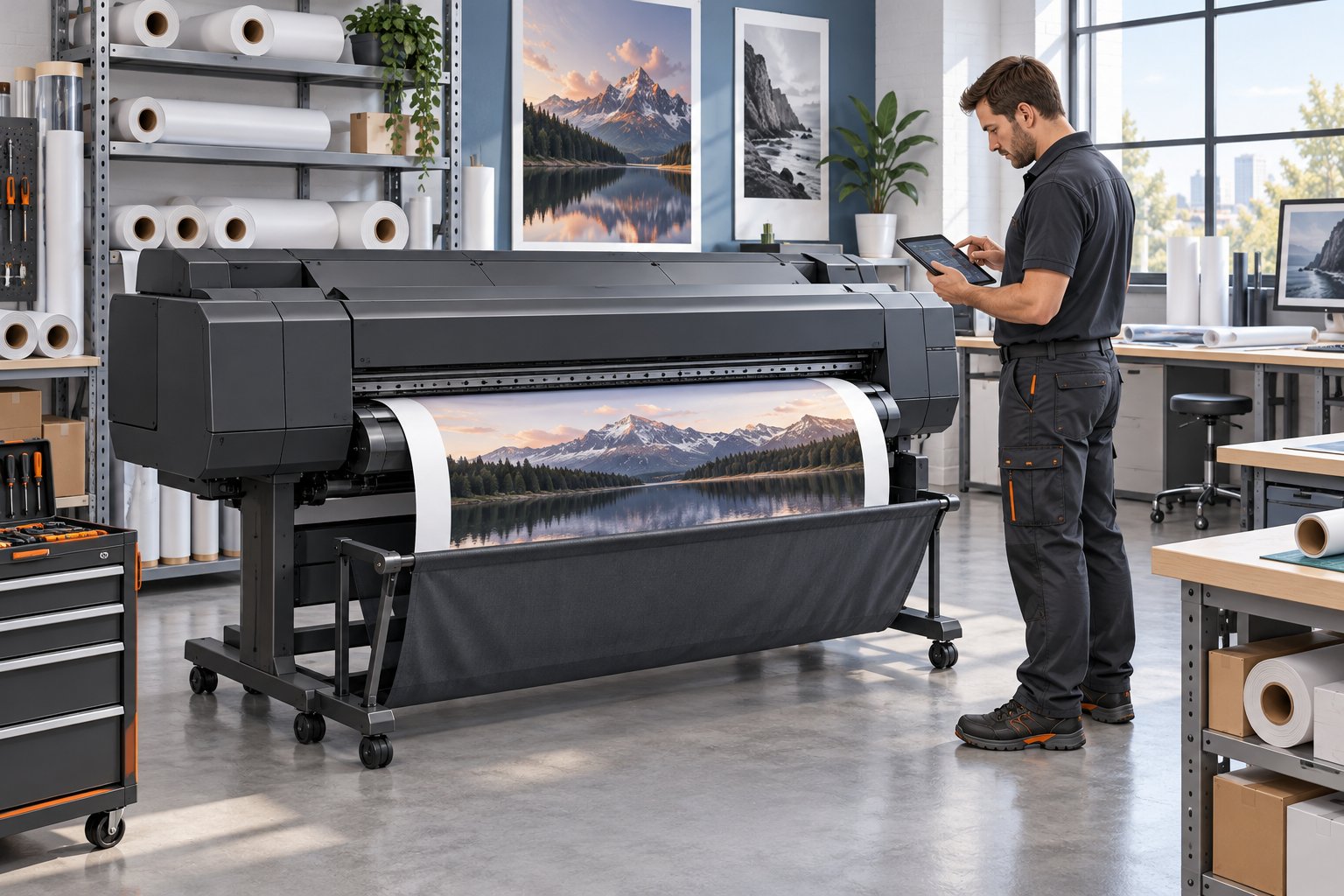 Illustration of a technician reviewing a large-format printer in a professional studio