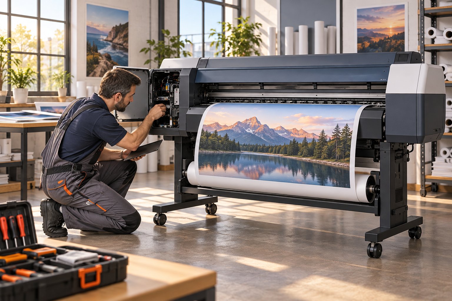 Illustration of a technician servicing a large roll-fed printer in a print studio